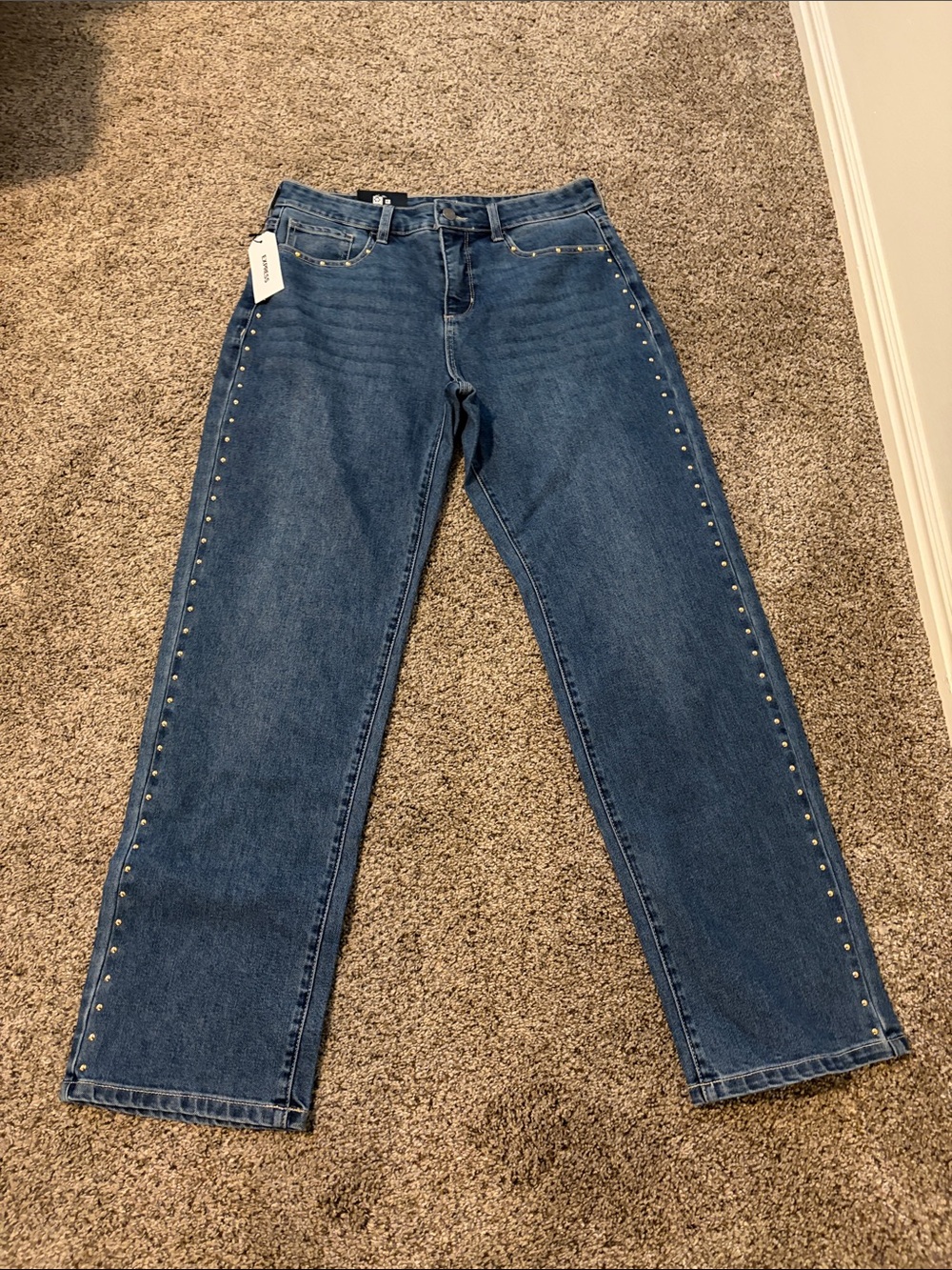 Express Dark Blue Straight-Leg Jeans with Silver Stud Detail